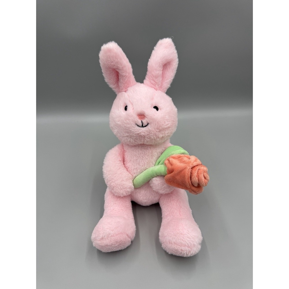 Pink Bunny Rabbit Holding Flower Rose Plush Sitting Stuffed Animal 11" Hug & Luv
